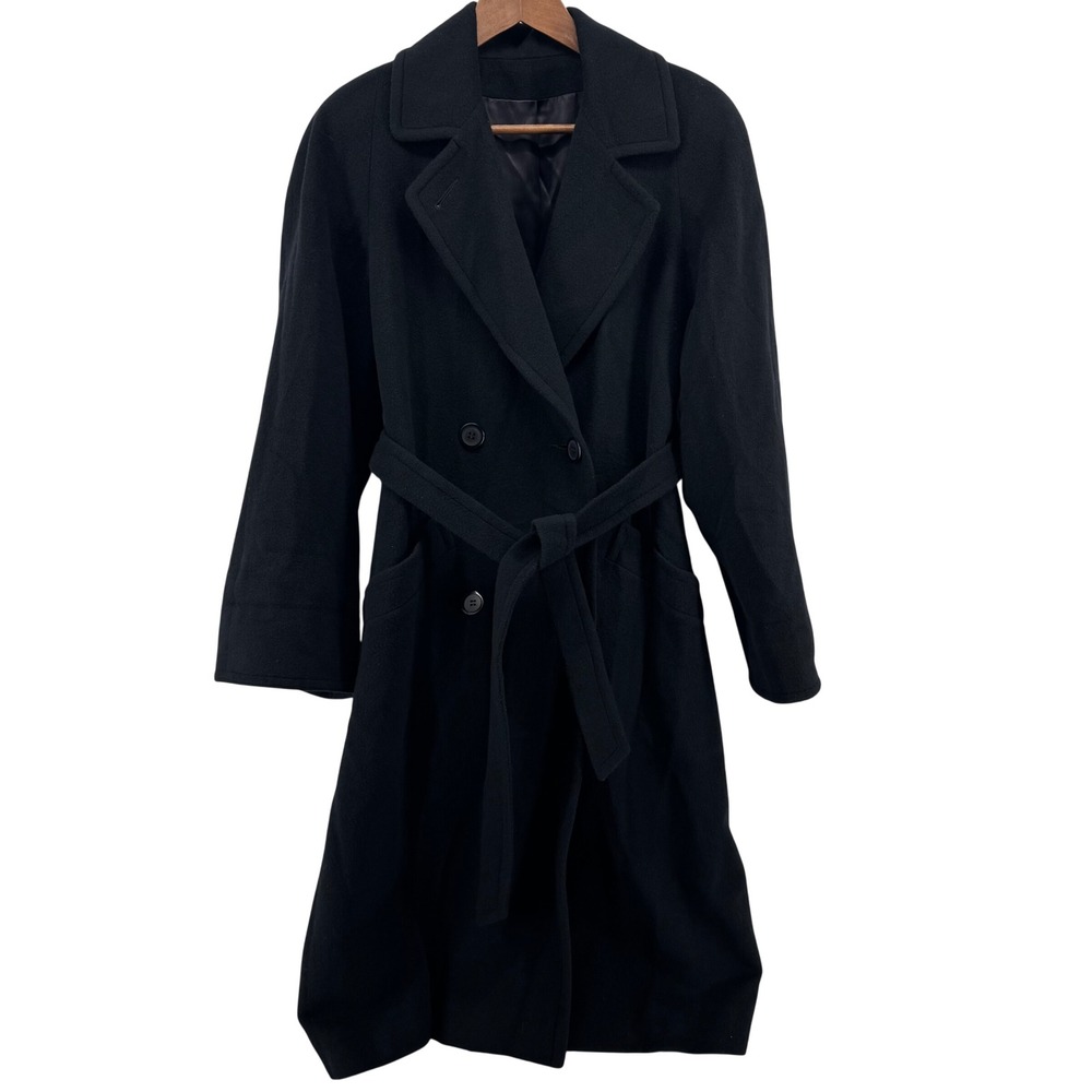 Nordstrom Trench Coat Womens Large Black 100% Camel Hair Double Breasted VTG 80s